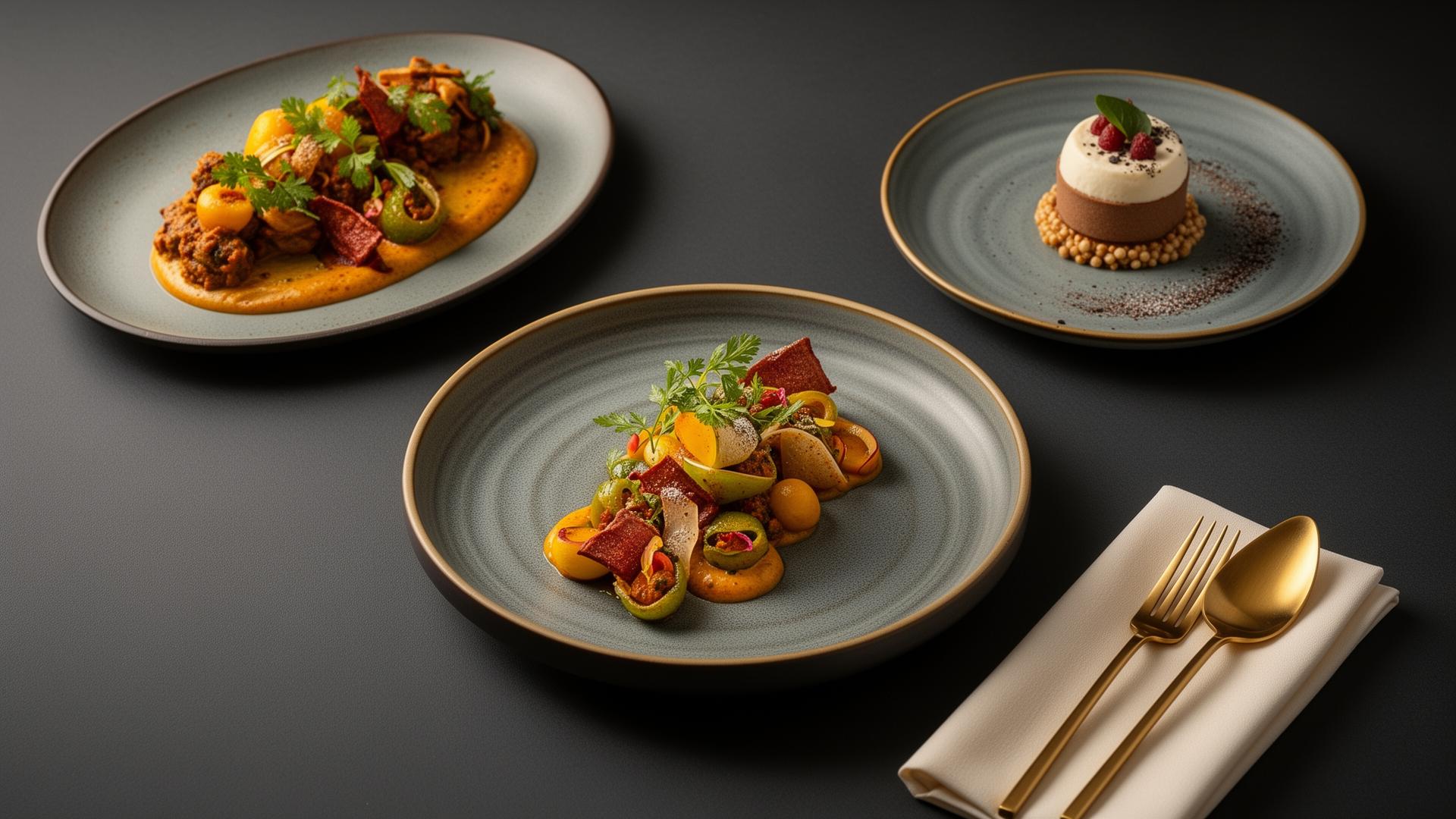 Exquisite plated fine-dining courses with gold cutlery on a dark table