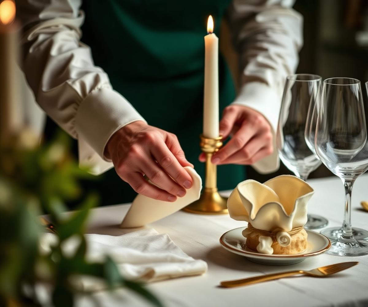 A host carefully arranging an elegant candlelit table setting